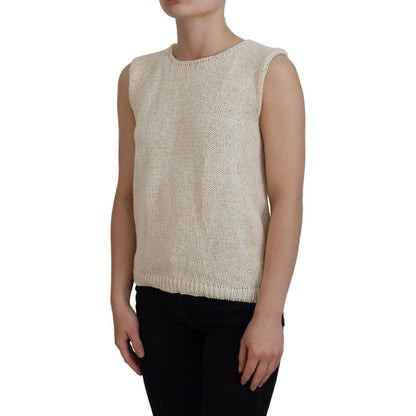 PINK MEMORIES Beige Cotton Blend Sleeveless Round Neck Tank Top