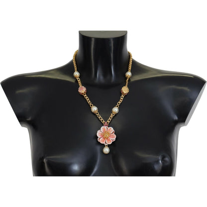 Dolce & Gabbana Gold Tone Floral Crystals Pink Embellished Necklace Necklace