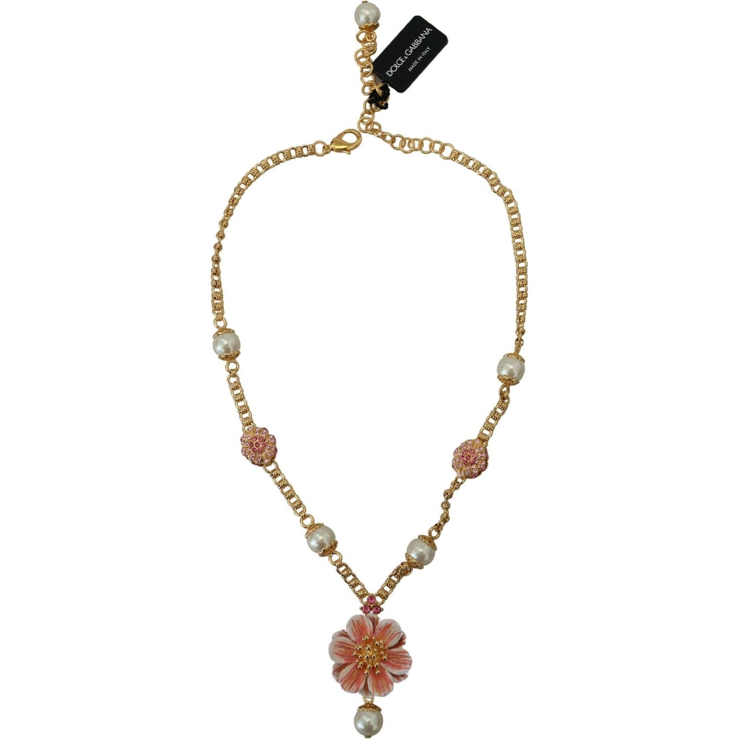 Dolce & Gabbana Gold Tone Floral Crystals Pink Embellished Necklace Necklace