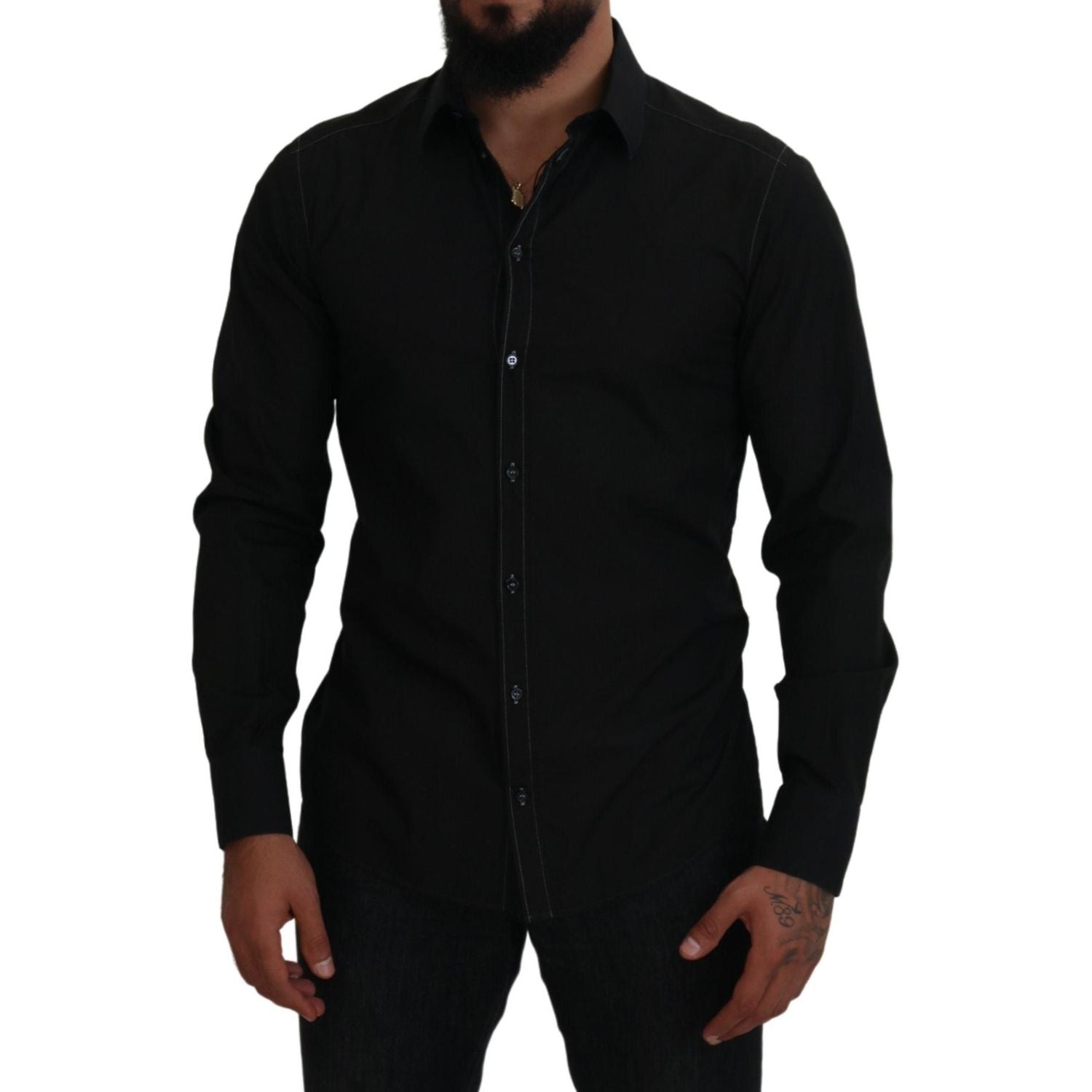 Dolce & Gabbana Black Cotton Collared Long Sleeve GOLD Shirt