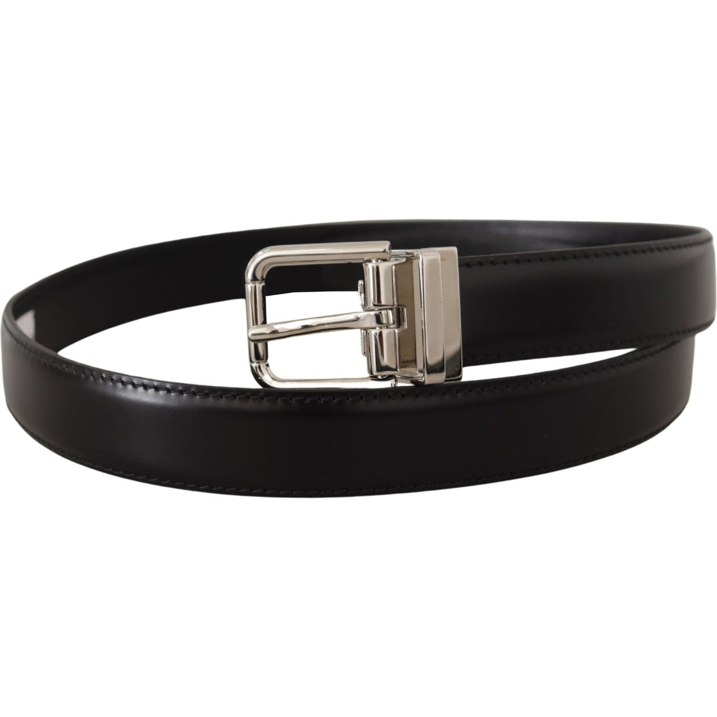 Dolce & Gabbana Black Calf Leather Logo Engraved Metal Buckle Belt