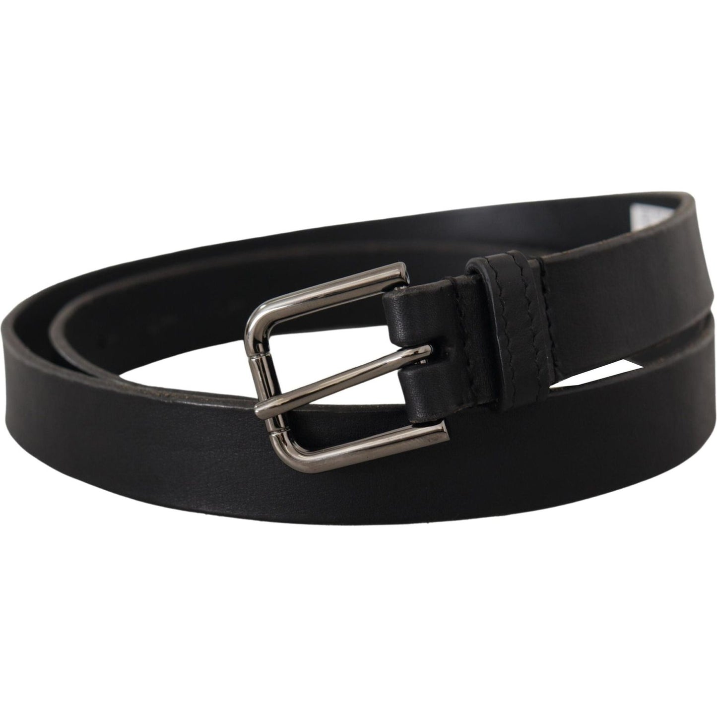Dolce & Gabbana Black Calf Leather Logo Engraved Metal Buckle Belt