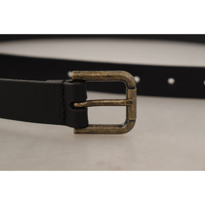 Dolce & Gabbana Black Calf Leather Logo Brass Metal Buckle Belt