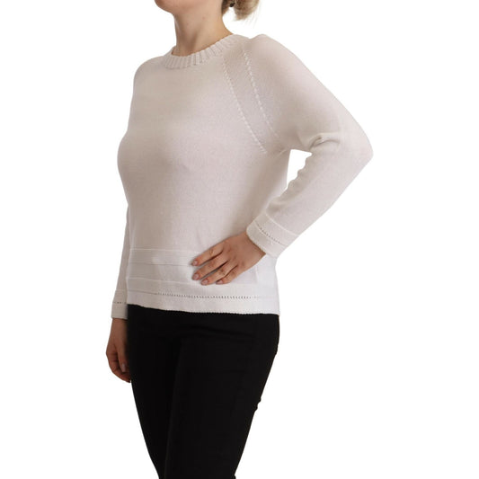 Alpha Studio White Long Sleeves Crewneck Pullover Sweater TSH7301-40