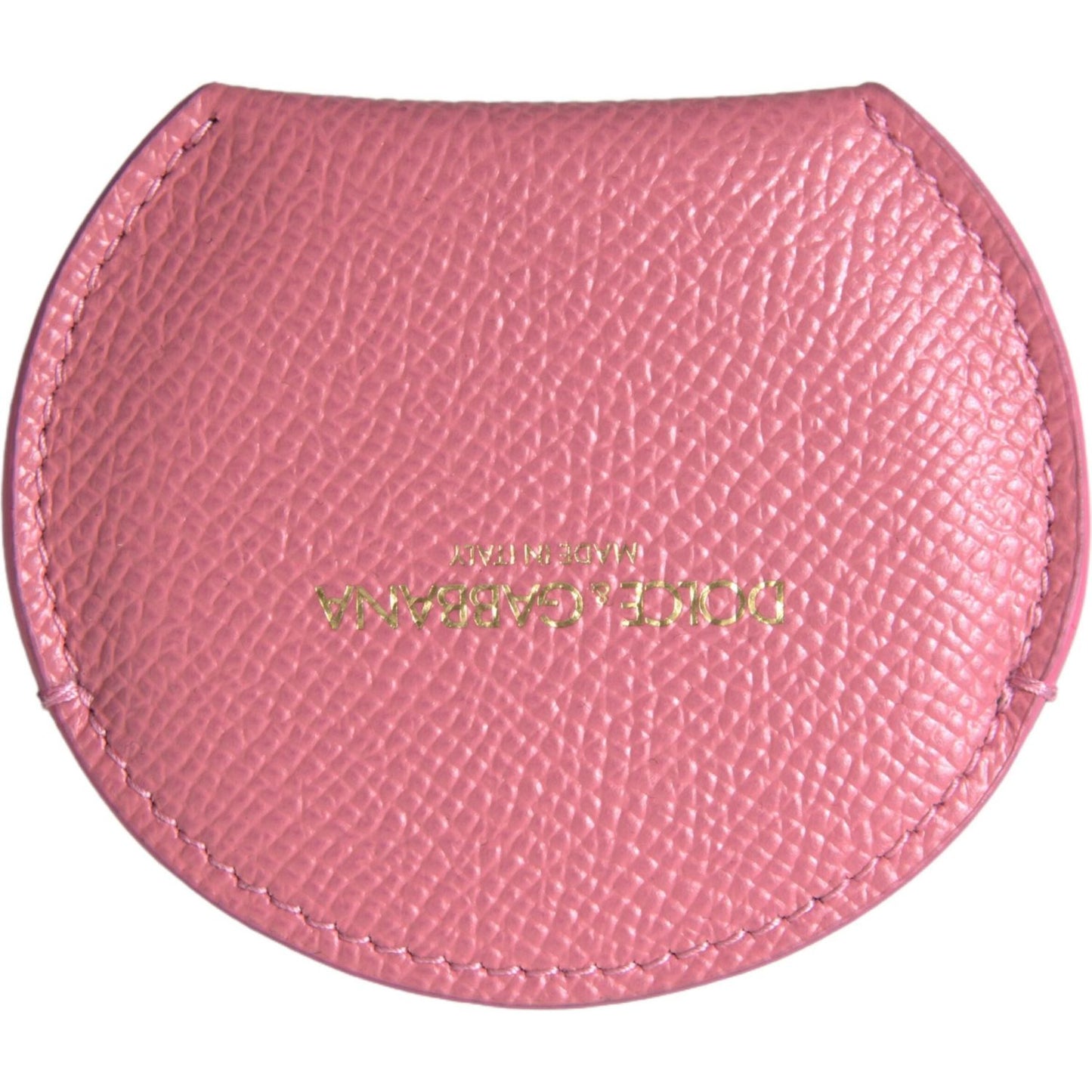 Dolce & Gabbana Pink Calfskin Leather Round Logo Print Hand Mirror Holder SMY101204