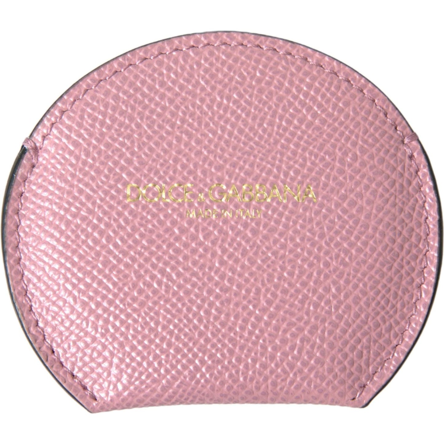 Dolce & Gabbana Pink Calfskin Leather Round Logo Print Hand Mirror Holder SMY101208