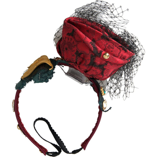 Dolce & Gabbana Red with multicolor Rose Silk Crystal Netted Logo Diadem Headband SMY101162