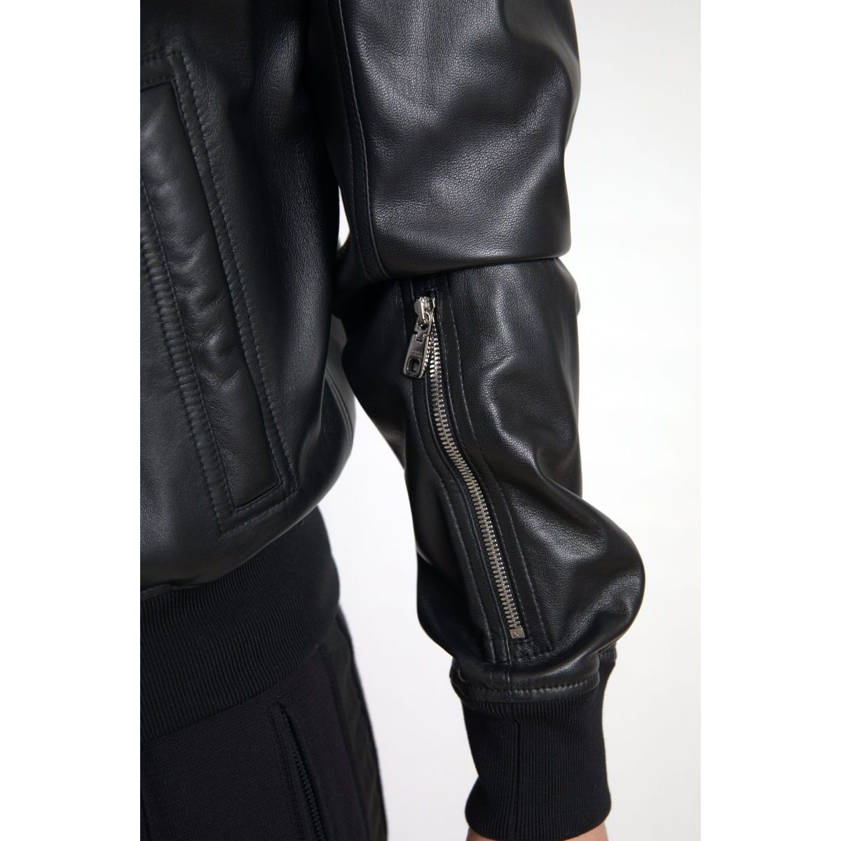 Dolce & Gabbana Black Leather Full Zip Bomber Men Jacket