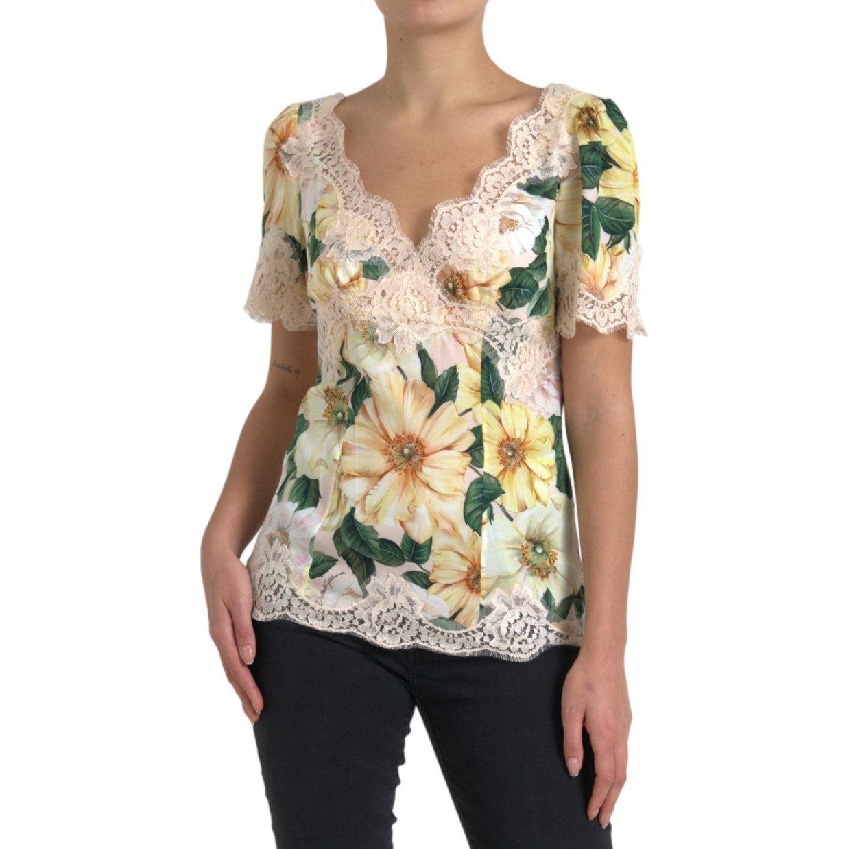 Dolce & Gabbana Multicolor Floral Lace V Neck Blouse