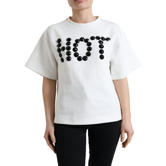Dolce & Gabbana T-shirt White Cotton Stretch Black HOT Crystal TSH84216-36