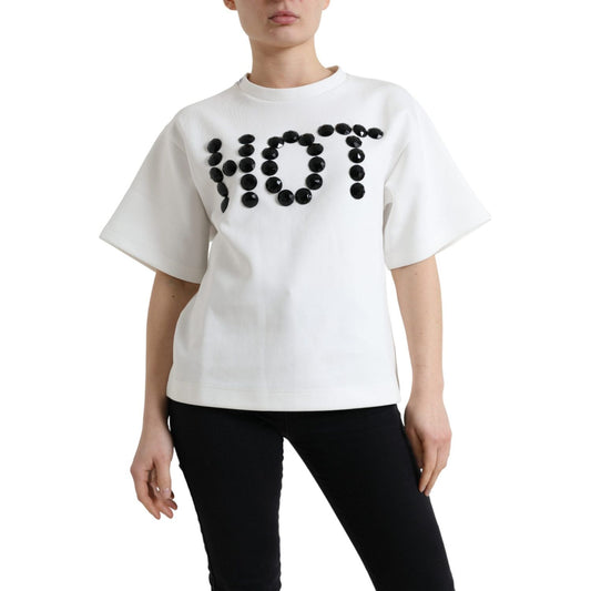 Dolce & Gabbana T-shirt White Cotton Stretch Black HOT Crystal TSH84216-36