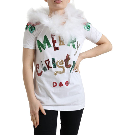 Dolce & Gabbana White Cotton Christmas Sequin Fur T-shirt TSH84218-36