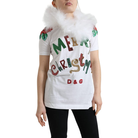 Dolce & Gabbana White Cotton Christmas Sequin Fur T-shirt TSH84218-36