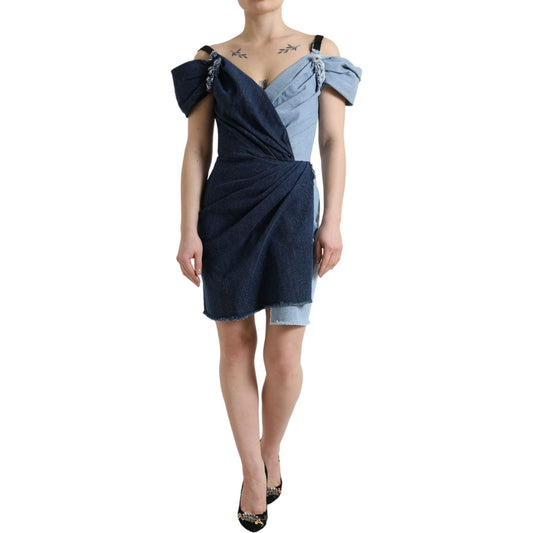 Dolce & Gabbana Blue Patchwork Two Tone Denim Mini Dress DR281102