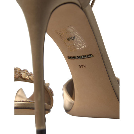 Dolce & Gabbana Gold Satin Ankle Strap Crystal Sandals Shoes