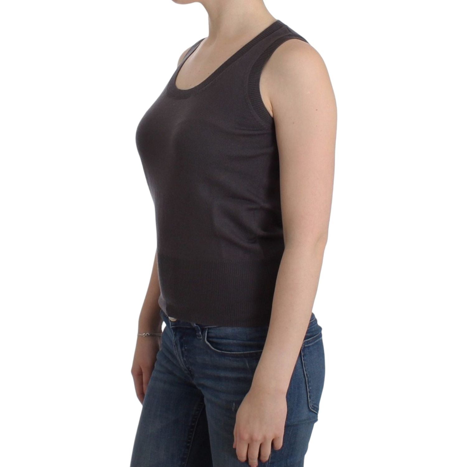 优雅无袖棕色针织上衣