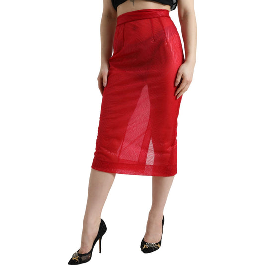 Dolce & Gabbana Red Sheer High Waist Pencil Cut Midi Skirt SKI1941-40