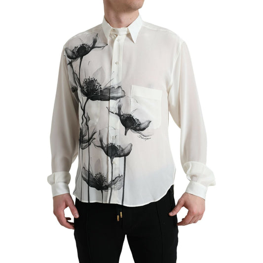 Dolce & Gabbana White Floral Collared Dress Silk Shirt TSH84739-40