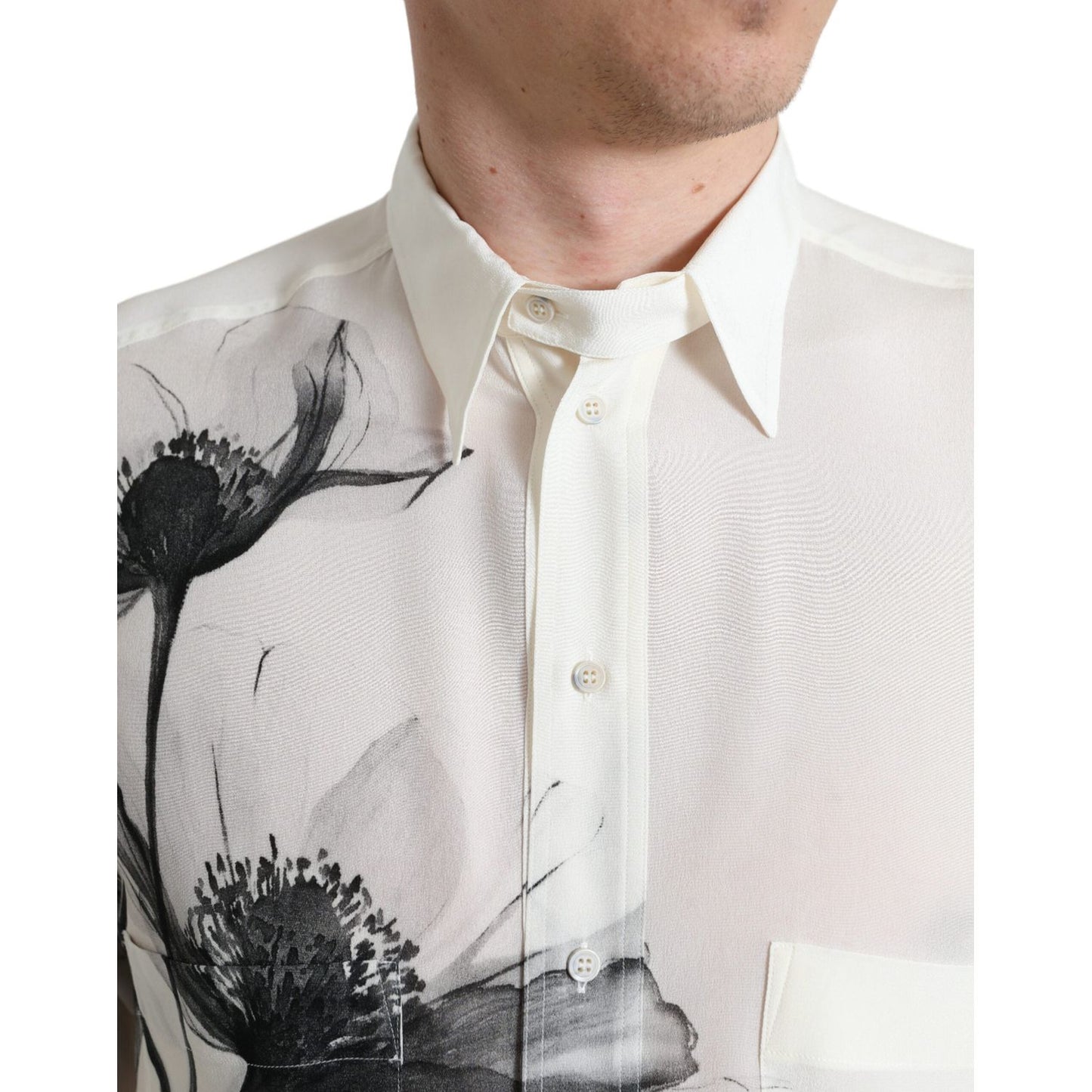 Dolce & Gabbana White Floral Collared Dress Silk Shirt