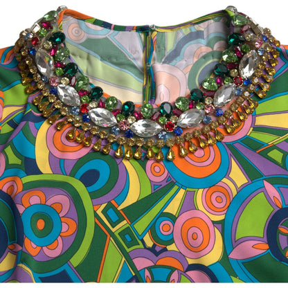 Dolce & Gabbana Multicolor Geometric Print Silk Crystals Midi Dress