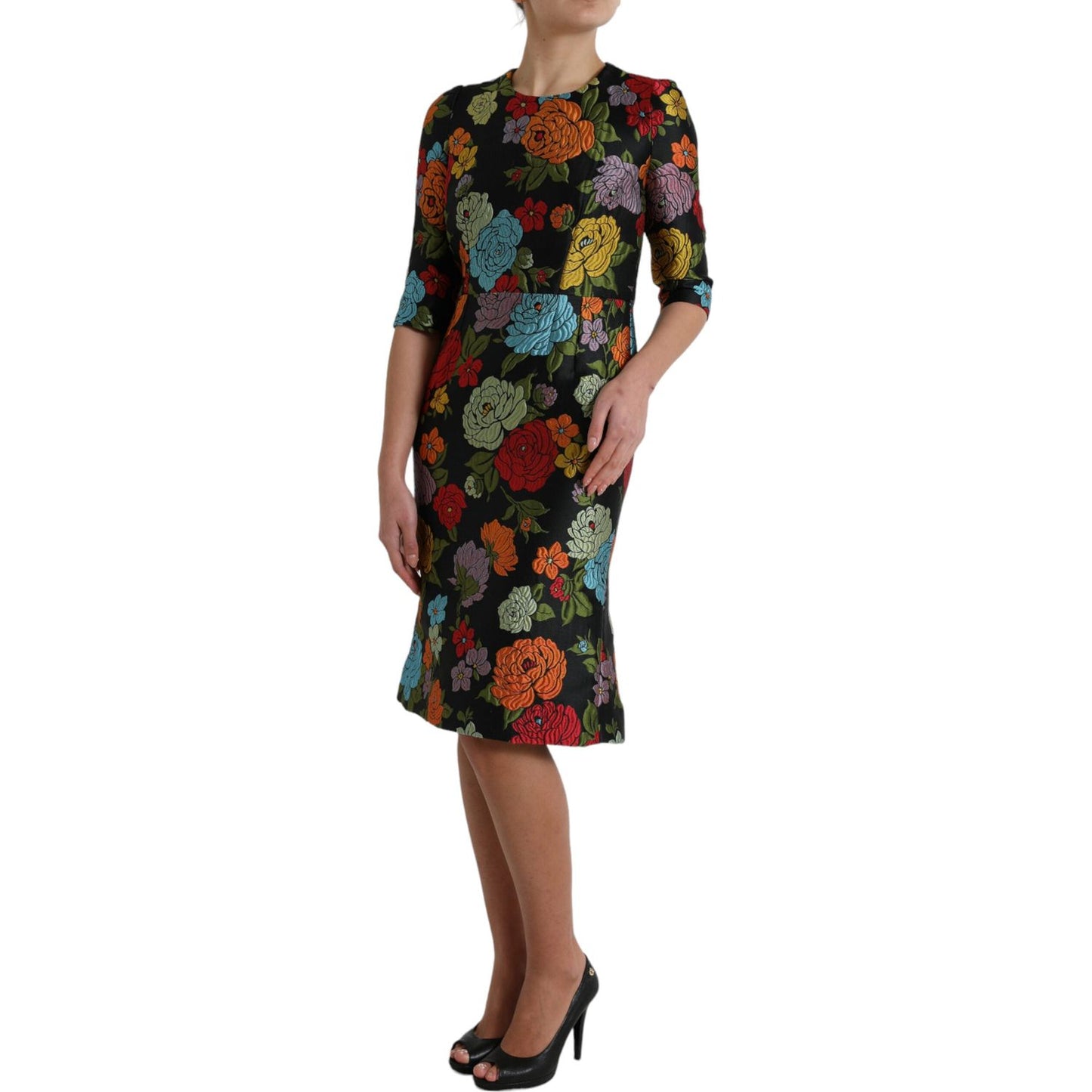 Dolce & Gabbana Black Floral Embroidery Knee Length Dress