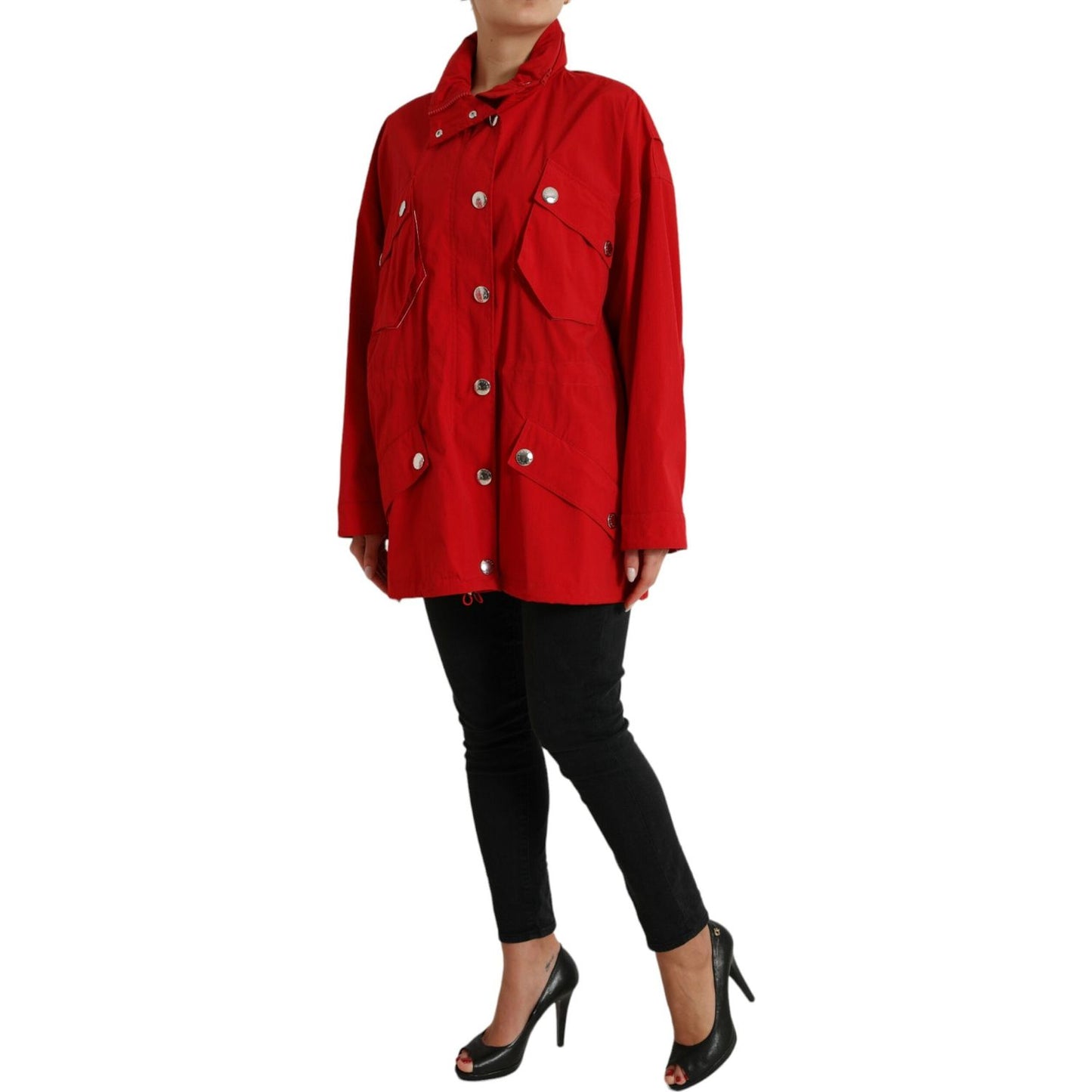 Dolce & Gabbana Red Polyester Hooded Button Rain Coat Jacket
