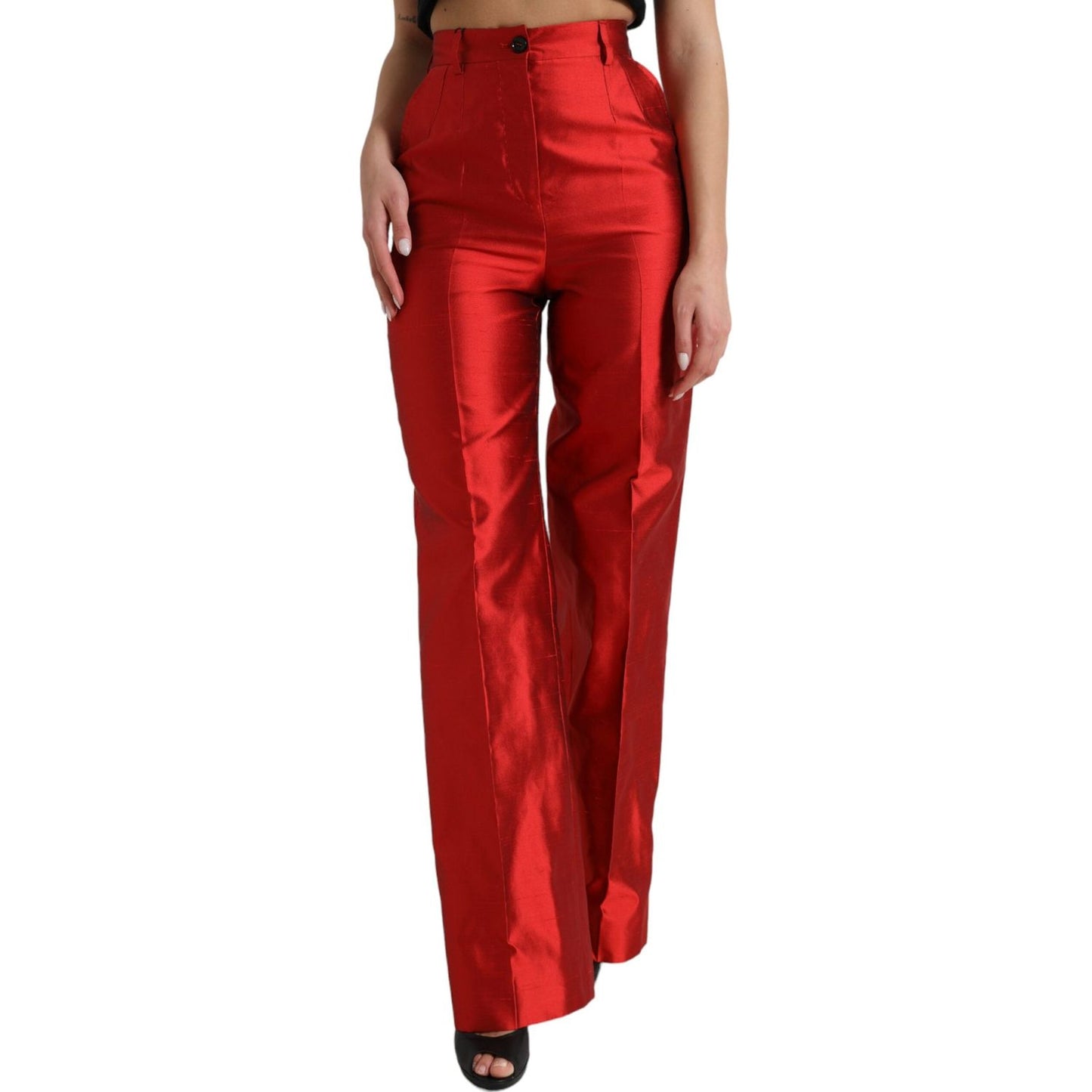 Dolce & Gabbana Red Satin Silk High Waist Wide Leg Pants
