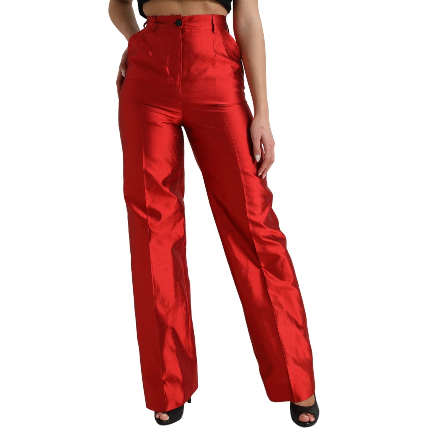 Dolce & Gabbana Red Satin Silk High Waist Wide Leg Pants