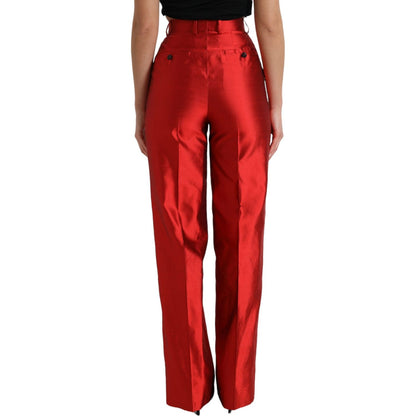 Dolce & Gabbana Red Satin Silk High Waist Wide Leg Pants