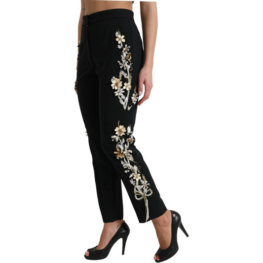 Dolce & Gabbana Black Floral Applique High Waist Tapered Pants PAN74947-40