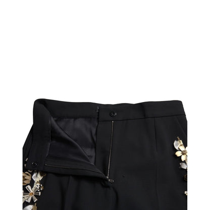 Dolce & Gabbana Black Floral Applique High Waist Tapered Pants