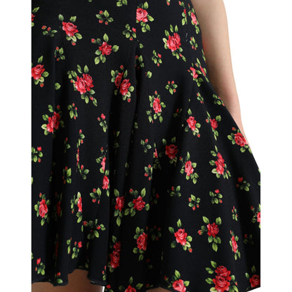 Dolce & Gabbana Black Rose Print High Waist A-line Mini Skirt