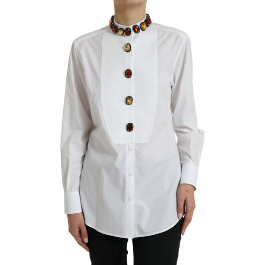 Dolce & Gabbana White Cotton Crystals Embellished Shirt Top TSH84225-40