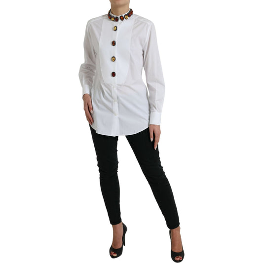 Dolce & Gabbana White Cotton Crystals Embellished Shirt Top TSH84225-40