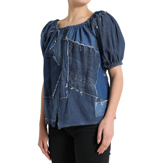 Dolce & Gabbana Blue Patchwork Short Sleeves Denim Blouse Top TSH84269-40