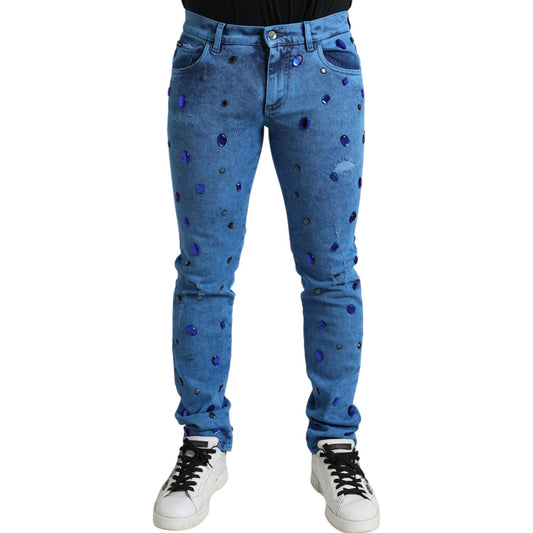 Dolce & Gabbana Blue Crystal Embellished Skinny Denim Jeans PAN75028-50