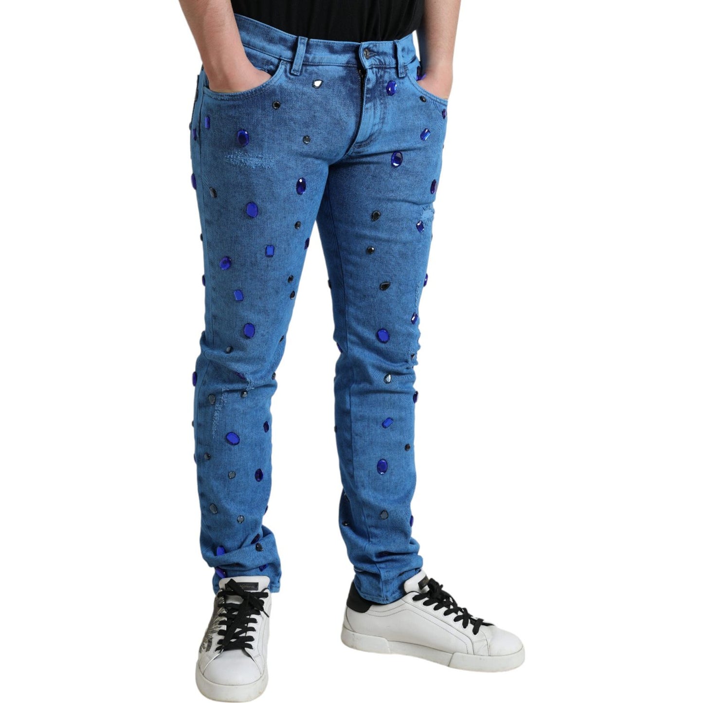 Dolce & Gabbana Blue Crystal Embellished Skinny Denim Jeans PAN75028-50