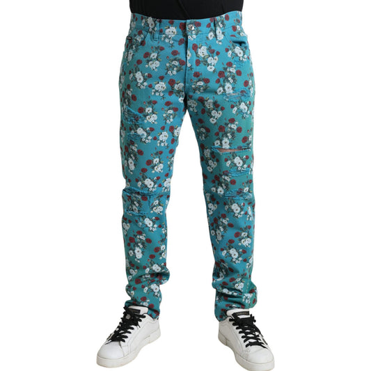 Dolce & Gabbana Blue Floral Print Skinny Cotton Denim Pants PAN75047-46