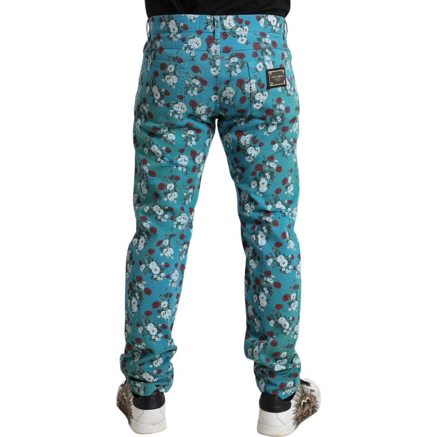 Dolce & Gabbana Blue Floral Print Skinny Cotton Denim Pants PAN75047-46