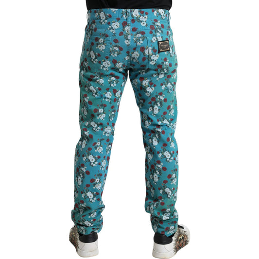 Dolce & Gabbana Blue Floral Print Skinny Cotton Denim Pants PAN75047-46