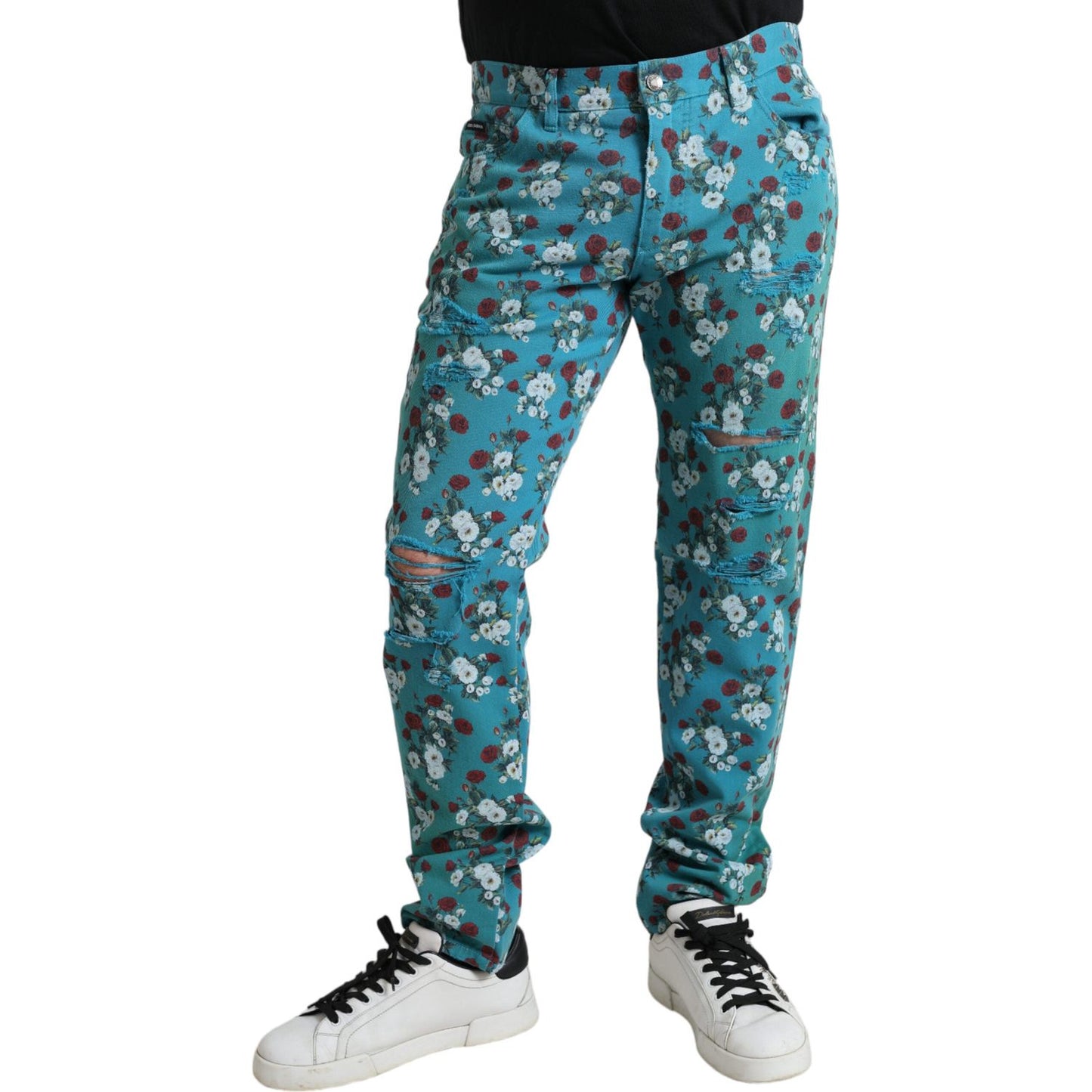 Dolce & Gabbana Blue Floral Print Skinny Cotton Denim Pants PAN75047-46