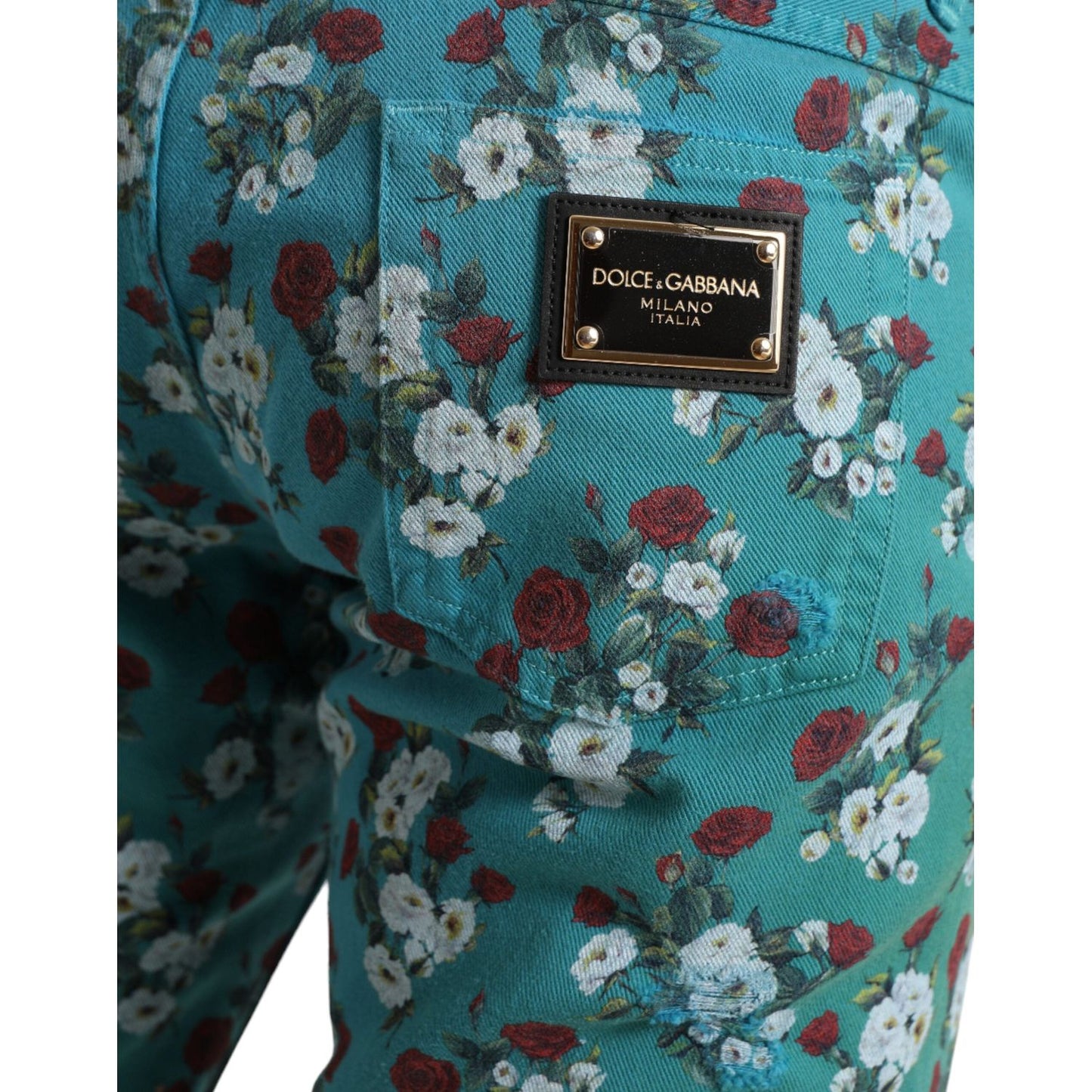 Dolce & Gabbana Blue Floral Print Skinny Cotton Denim Pants PAN75047-46