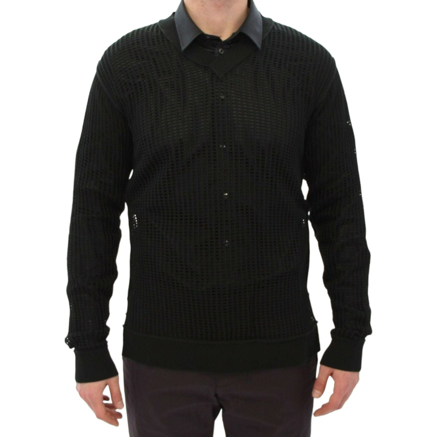 优雅V领深绿色针织毛衣