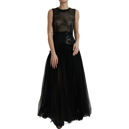 Dolce & Gabbana Black Sequined Sleeveless Mesh Layered Gown Dress DR281087-36