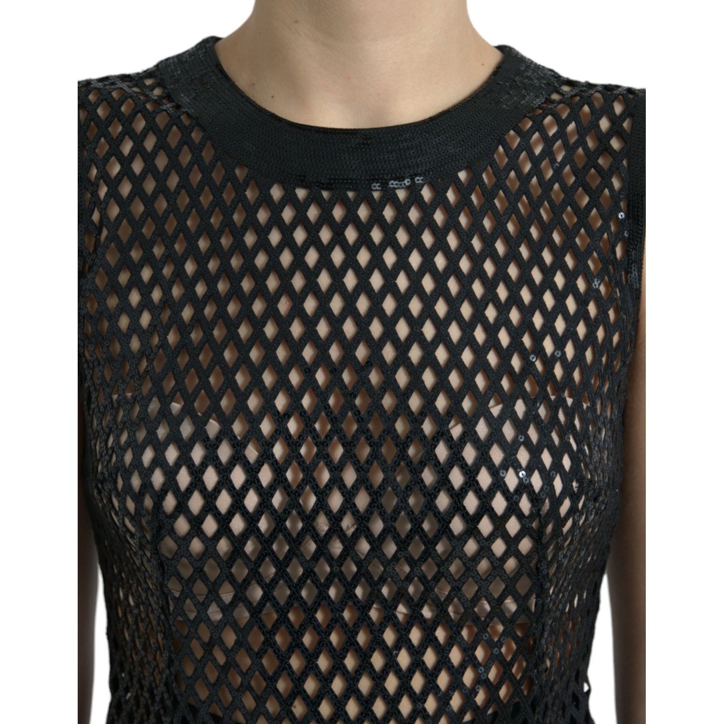 Dolce & Gabbana Black Sequined Sleeveless Mesh Layered Gown Dress