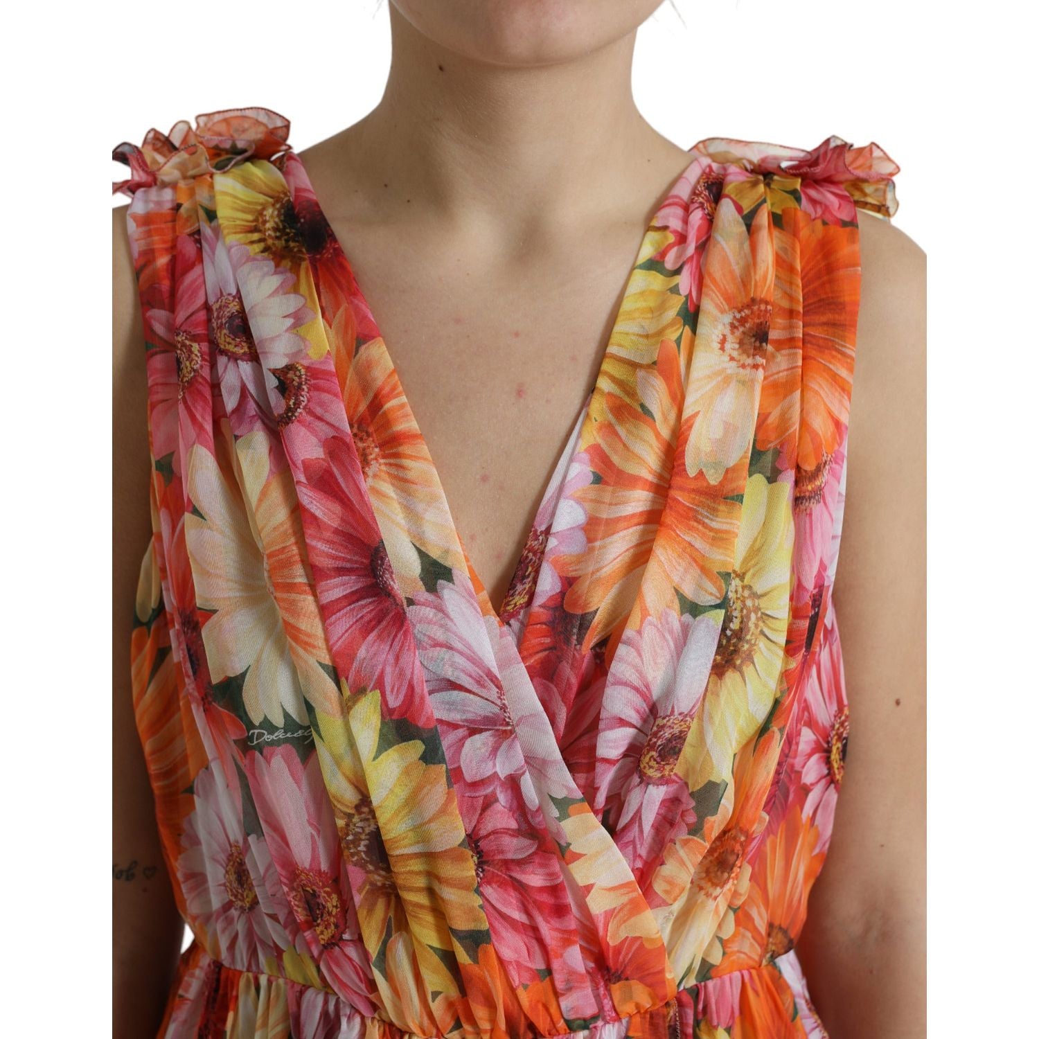 优雅花卉真丝 V 领中长连衣裙