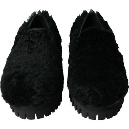 Dolce & Gabbana Black Fur Leather Slippers Dress Shoes
