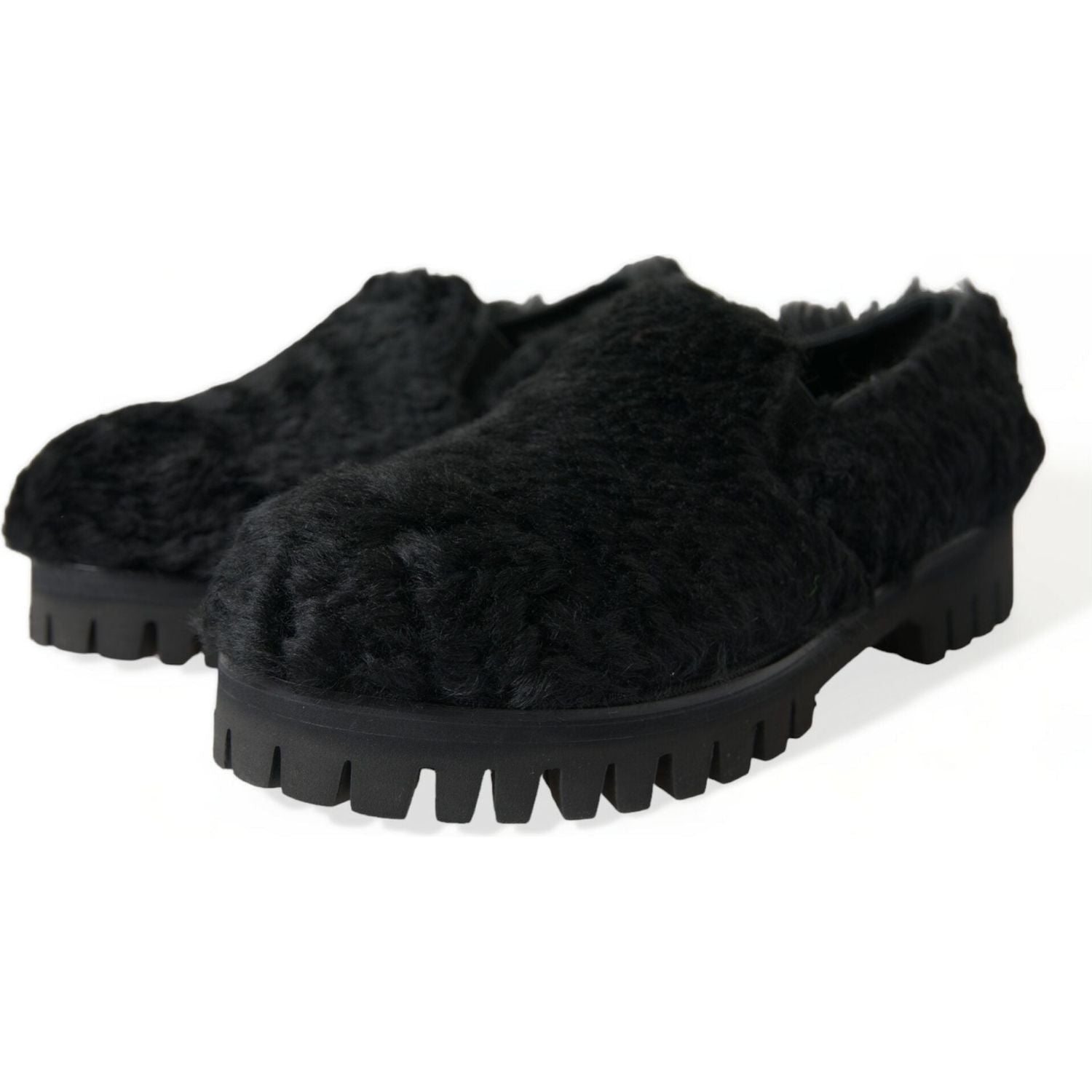 Dolce & Gabbana Black Fur Leather Slippers Dress Shoes