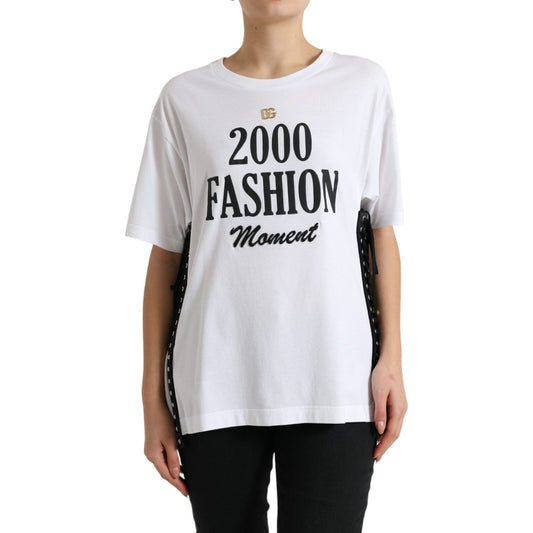 Dolce & Gabbana White Slogan Print Lacing Detailed T-shirt TSH84228-40