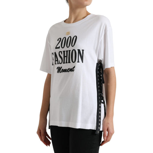 Dolce & Gabbana White Slogan Print Lacing Detailed T-shirt TSH84228-40